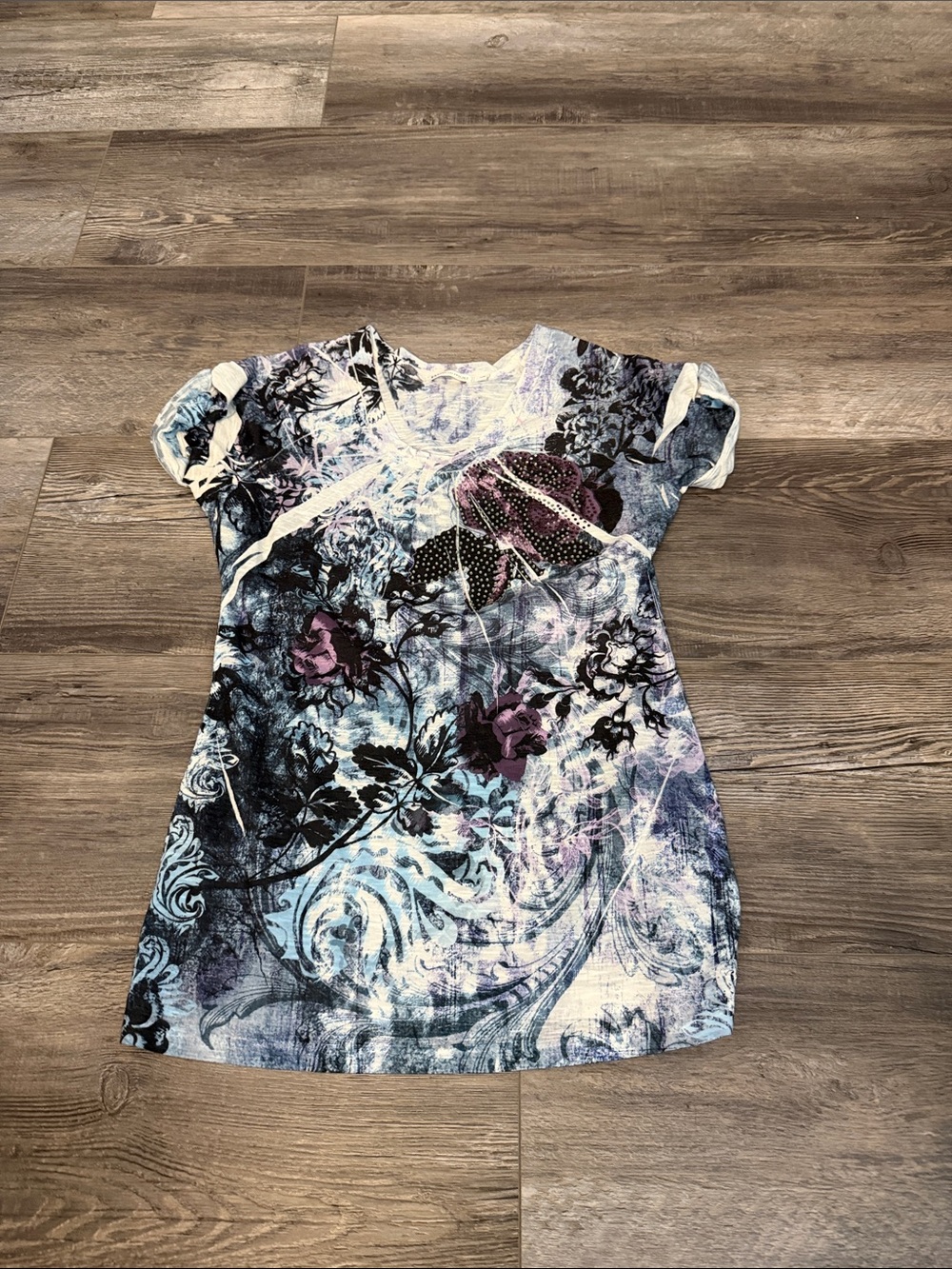 Revolution Blue, Purple & Black Floral V-Neck Short Sleeve Tee